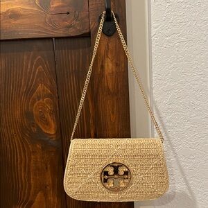 Tory Burch Reva Natural Straw Shoulder Bag with Gold Logo